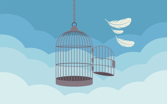 Birds fly out of open suspended cage in cloudy sky scene