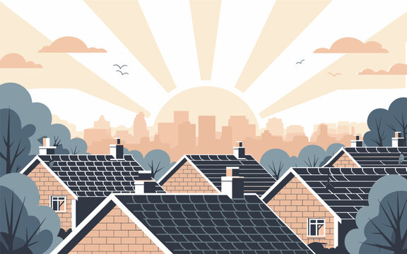 Sunrise over suburban homes with trees and cityscape in background