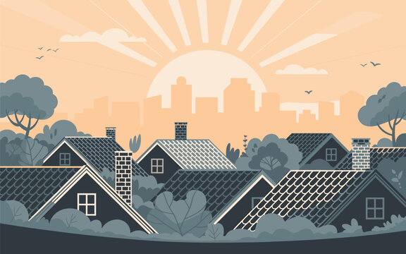 Sunrise over a suburban neighborhood with houses and trees