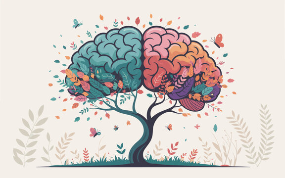 A tree with colorful brain-like leaves stands in a field with flowers and butterflies.