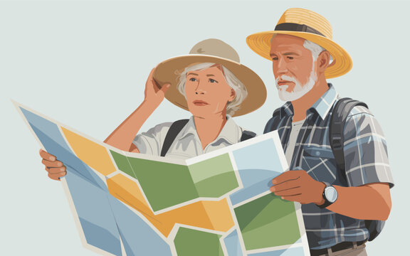 Elderly couple examining a map together outdoors on vacation