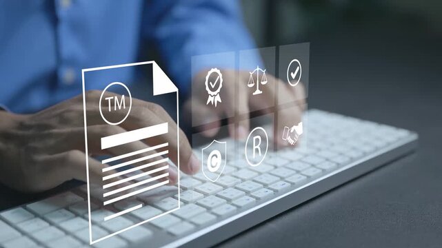 Trademark registration concept. Person typing keyboard with intellectual property and legal document icons, brand protection, trademark application and business compliance.