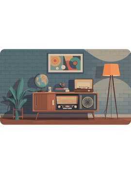 A retro-style living room with a vintage radio, lamp, and plant on the brown wooden floor against a blue brick wall.