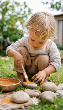 Child painting stones with bright orange color in garden