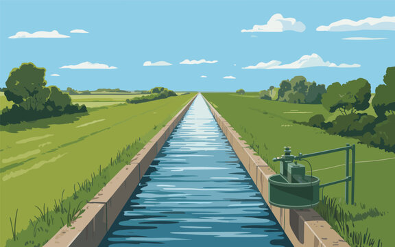 A serene canal stretches through a lush green landscape with trees and grass on a sunny day with blue skies.