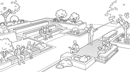 Obraz premium Line art perspective educational campus landscape featuring outdoor classroom and student amphitheater seating