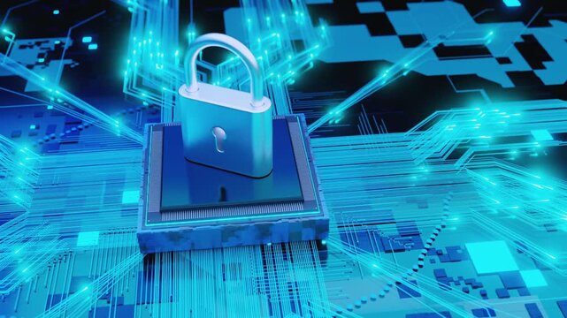 Metal padlock on glowing blue cpu microchip for hardware data security