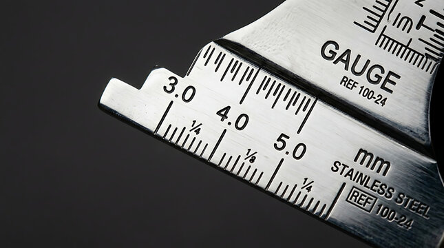  Close up of a stainless steel orthopedic step gauge measuring tool with millimeter markings for bone surgery precision, professional medical instrument detail on a dark studio background surface. 