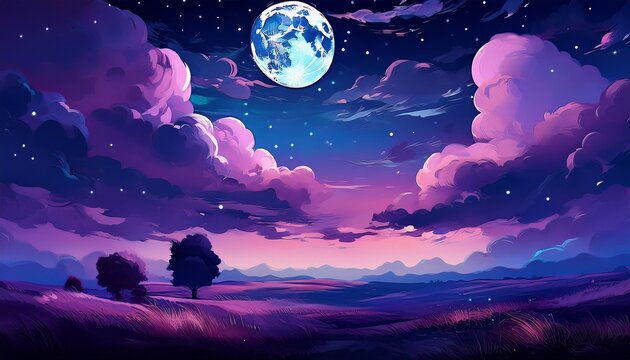 a gorgeous night sky shines with a full moon and puffy clouds in the pretty shades of blue purple and black