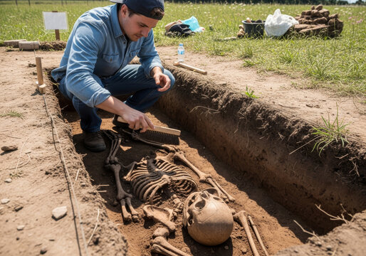 An archaeologist carefully brushing dirt away from a human skeleton buried in an open trench at an active outdoor excavation research site