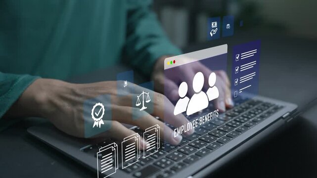 Employee benefits management concept. Person using laptop with insurance and rewards icons, staff compensation, workplace benefits and employee satisfaction programs.