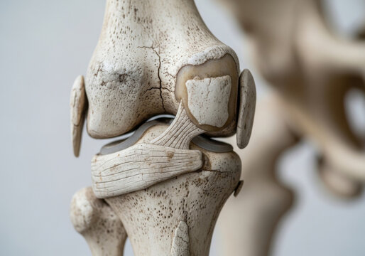 Extreme macro close-up of a human knee joint model showing intricate bone texture, ligaments, and cartilage structure for medical education.