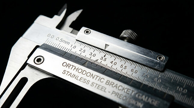 Professional stainless steel orthodontic bracket gauge precision measurement tool for dental alignment procedures, close up shot of millimeter scale on black background for medical catalogs items. 