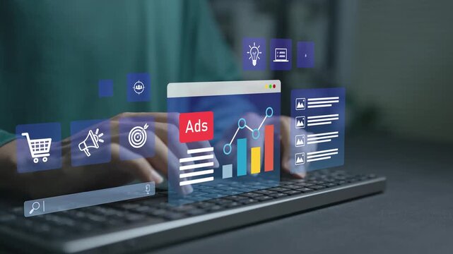Digital advertising and online marketing strategy concept. Person typing keyboard with social media and performance metrics icons, brand promotion, customer engagement and marketing optimization.