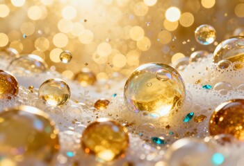 Fototapeta premium Luxury Abstract Background with Golden Bubbles Pearls and Sparkling Gems