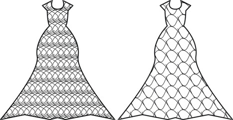 Fashion evening dress vector templates featuring geometric fish scale and wavy overlapping circle patterns isolated on white background © FashionWear Studio
