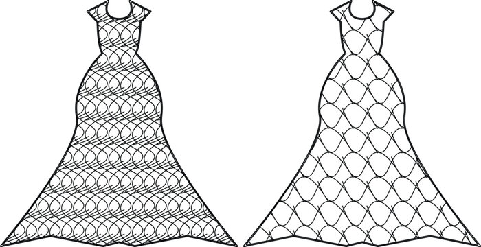Fashion evening dress vector templates featuring geometric fish scale and wavy overlapping circle patterns isolated on white background