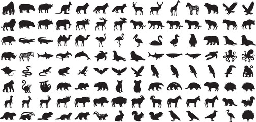 Fototapeta premium Animal Silhouette Variety Set with Wild Mammals, Birds, Reptiles and Farm Animal Shapes