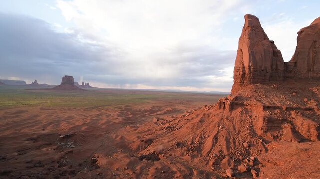Panoramic desert view of Monument Valley under dramatic