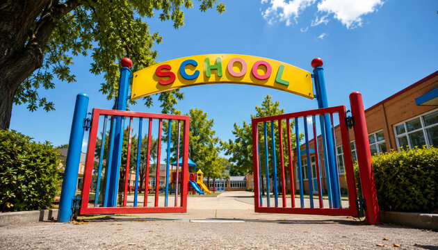 Bright school entrance with colorful gates and playground behind