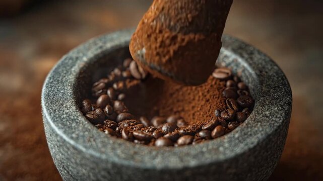 Hand grinding roasted coffee beans in a stone mortar for artisanal process concept and traditional craft brewing lifestyle in a close up cinematic macro shot