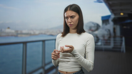 Fototapeta premium Young woman inspects her hand on ship deck, looking at palm and pinching fingertip; concern uncertainty self care.