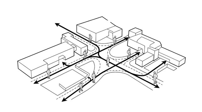 Isometric line art urban masterplan circulation diagram featuring pedestrian flow arrow and building massing