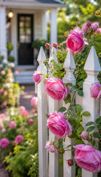 Vibrant pink roses blooming alongside a white picket fence