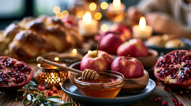 Festive Rosh Hashanah table with apples, honey, challah, pomegranate and candles in a warm family dinner atmosphere