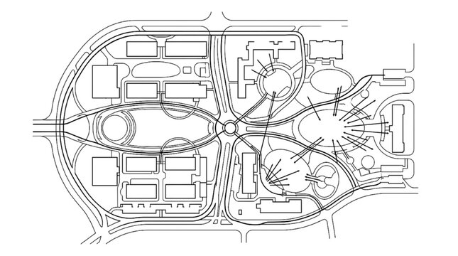 Line art architectural campus masterplan circulation diagram featuring urban node connectivity and flow arrow