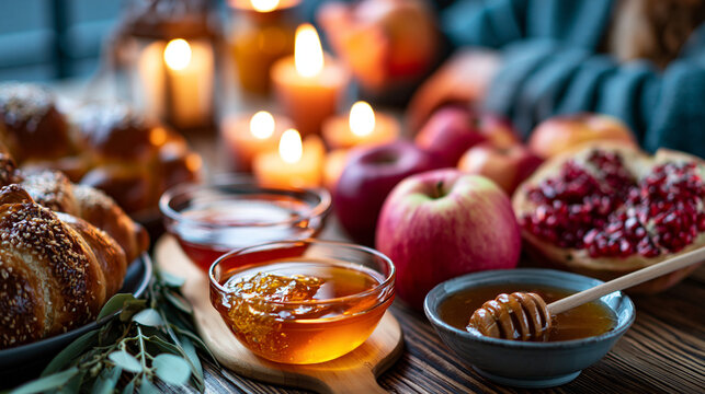 Rosh Hashanah festive dining table with apples honey challah pomegranate and candles warm family dinner atmosphere