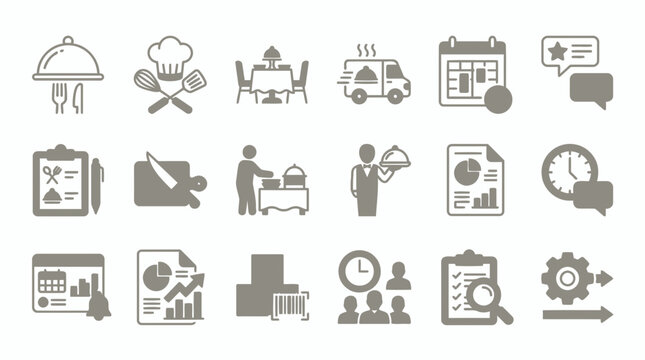 Hospitality and restaurant management service icons set for food catering and professional planning.