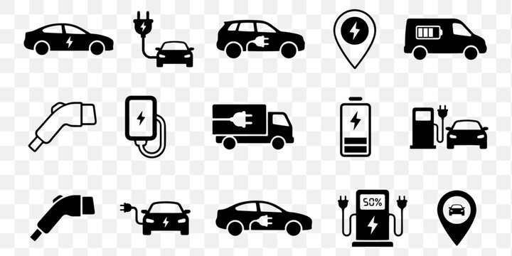 Electric Vehicle Icon Set &mdash; EV Car, Charging Station, Battery, Plug, and Truck Solid Black Vector Icons for Transportation and Energy Design