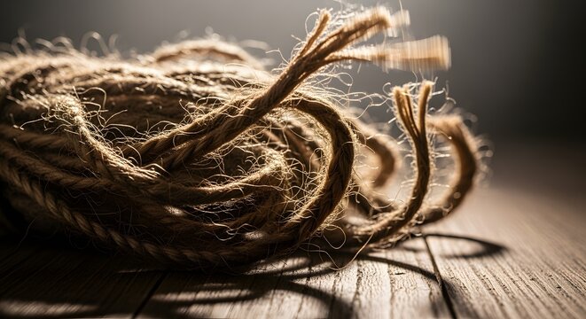 Coiled jute rope on wooden surface with background material strength sustainable packaging