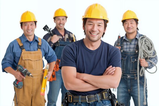 笑顔で連携するプロフェッショナルな建設業の日本人男性チーム