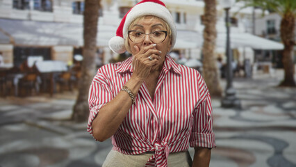 Fototapeta premium Woman covering mouth with hand wearing santa hat and striped shirt on a street cafe; surprise holiday nostalgia.