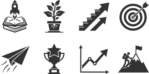 Business success and personal growth icons featuring target rocket ship growth chart and mountain peak summit goal © PIXAVIVE