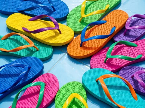 Colorful flip flops sandals in various vibrant summer colors