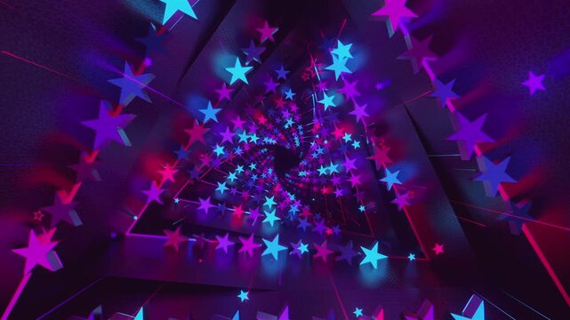 Seamless digital star vortex with rhythmic motion and glowing geometric elements, creating a deep perspective background for stage screens and event displays.
