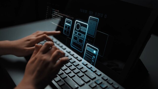 UI UX mockup showing application layout, structure, and code interface. UI design defines user flow, UI design improves clarity, UI design enhances experience, and UX design supports logic. Marrow