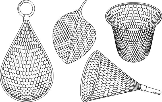 A collection of various metal mesh strainer and net illustrated in a clean black and white line style