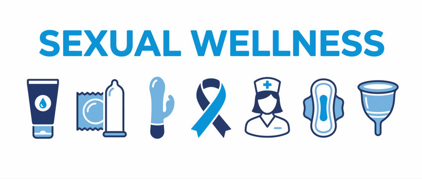 Sexual wellness icons set including lubricant, condom, vibrator, awareness ribbon, nurse, sanitary pad and menstrual cup