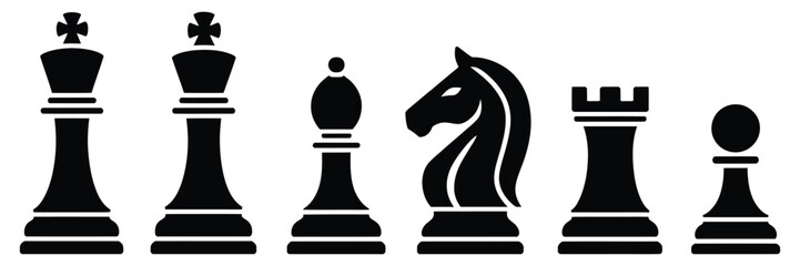 chess pieces black silhouette vector set featuring king, queen, knight, rook, bishop, and pawn, classic strategy game symbols, elegant monochrome icon collection, clean vector illustration isolated on © Rakib001