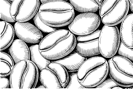 A detailed black and white featuring a dense pattern of roasted coffee beans in a style