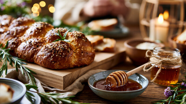 Cozy Rosh Hashanah bakery scene with fresh challah bread, honey, and festive table styling for a warm Jewish holiday food moment