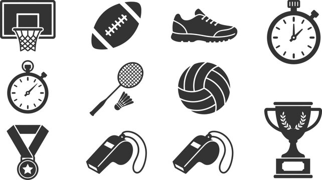 Sports and physical education icons showing basketball football stopwatch and trophy for school competition