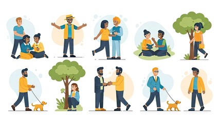 Fototapeta premium Diverse people interacting in various scenes illustrating relationships and activities