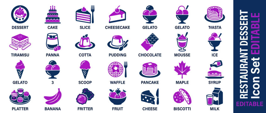 Dessert Icon Set: Cakes, Ice Cream, Pancakes, Pastries - Vector Graphics