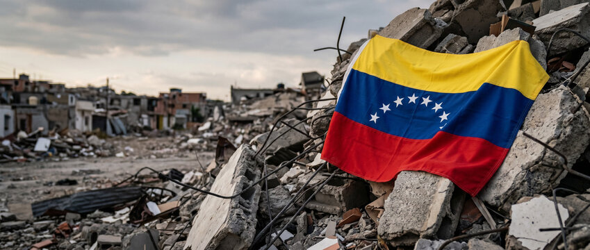 Venezuelan flag lying on collapsed concrete debris from destroyed building. Aftermath of severe earthquake catastrophe. National tragedy and humanitarian crisis in disaster zone.