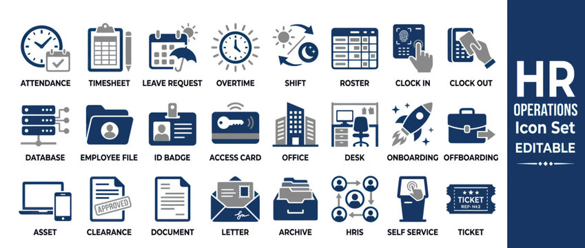 HR Operations Icon Set: Attendance, Timesheet, Leave, Overtime, Onboarding, Office Management